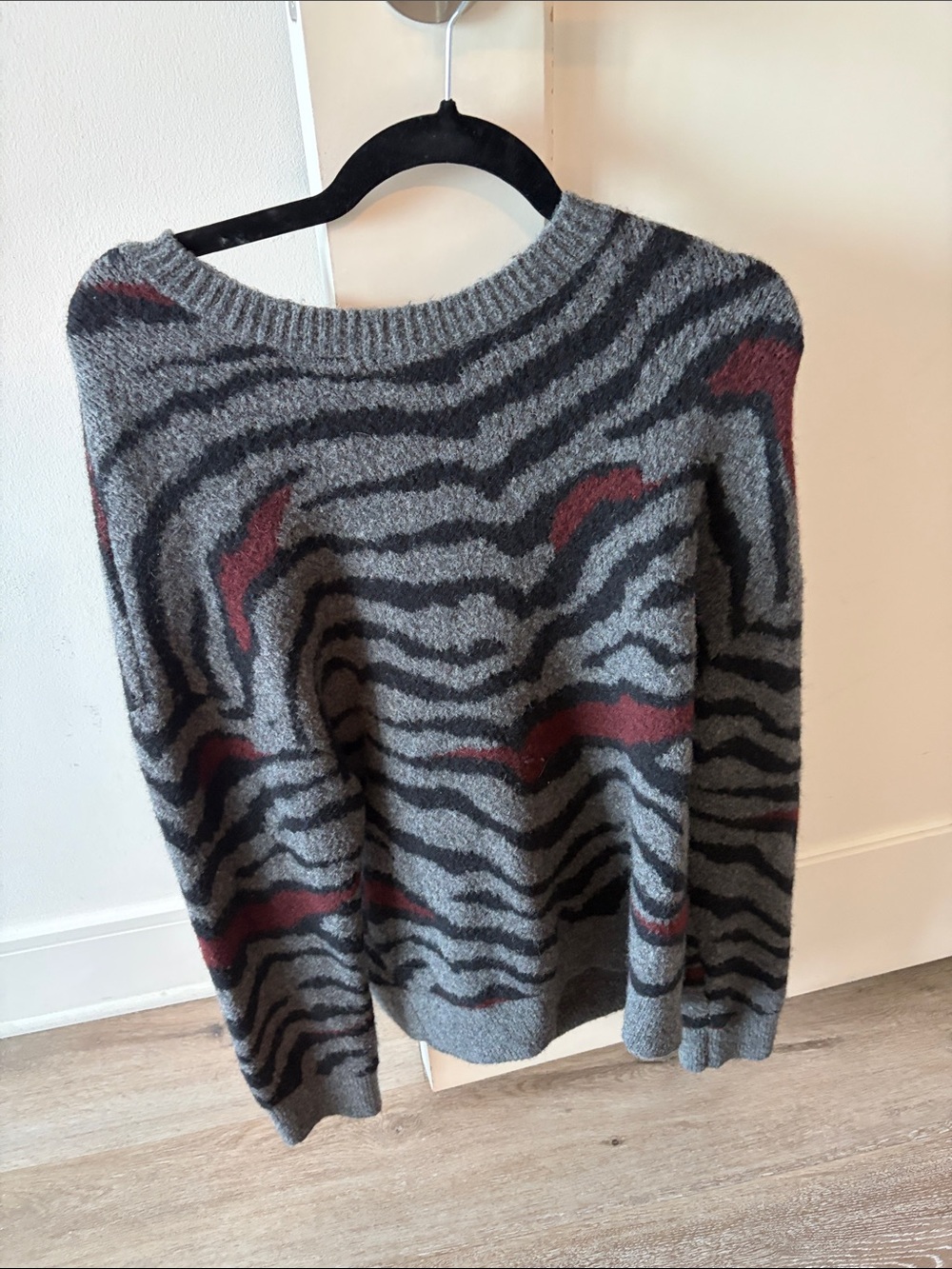 All Saints Grey and Black Zebra-Stripe Sweater with Maroon Accents